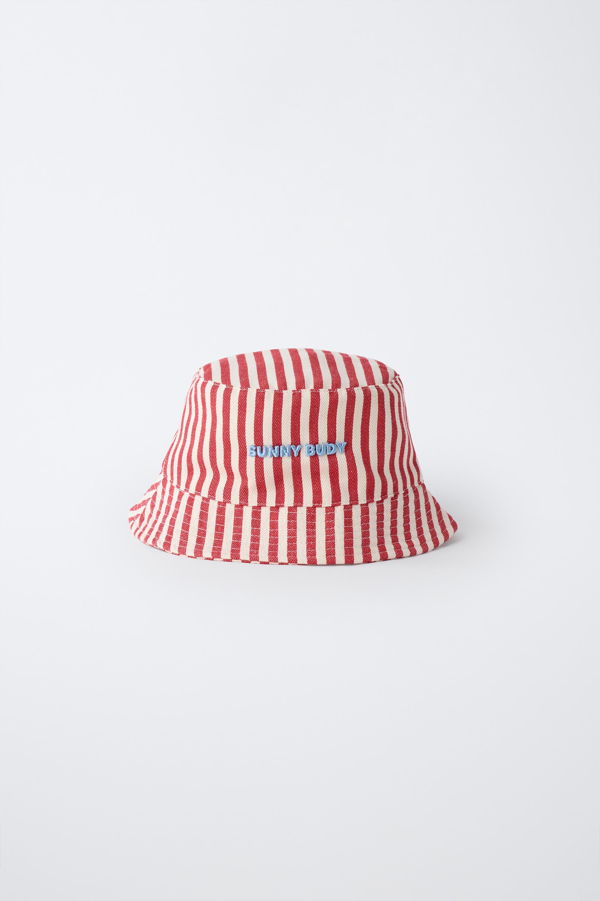 STRIPED BUCKET HAT WITH EMBROIDERED TEXT